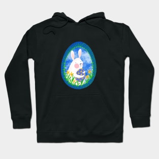 Cute white bunny with floral easter egg decoration on blue sky, version 2 Hoodie